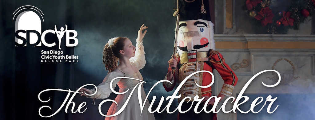 An image of a ballerina and a nutcracker. The SDCYB logo is in the top left corner and The Nutcracker is in the bottom